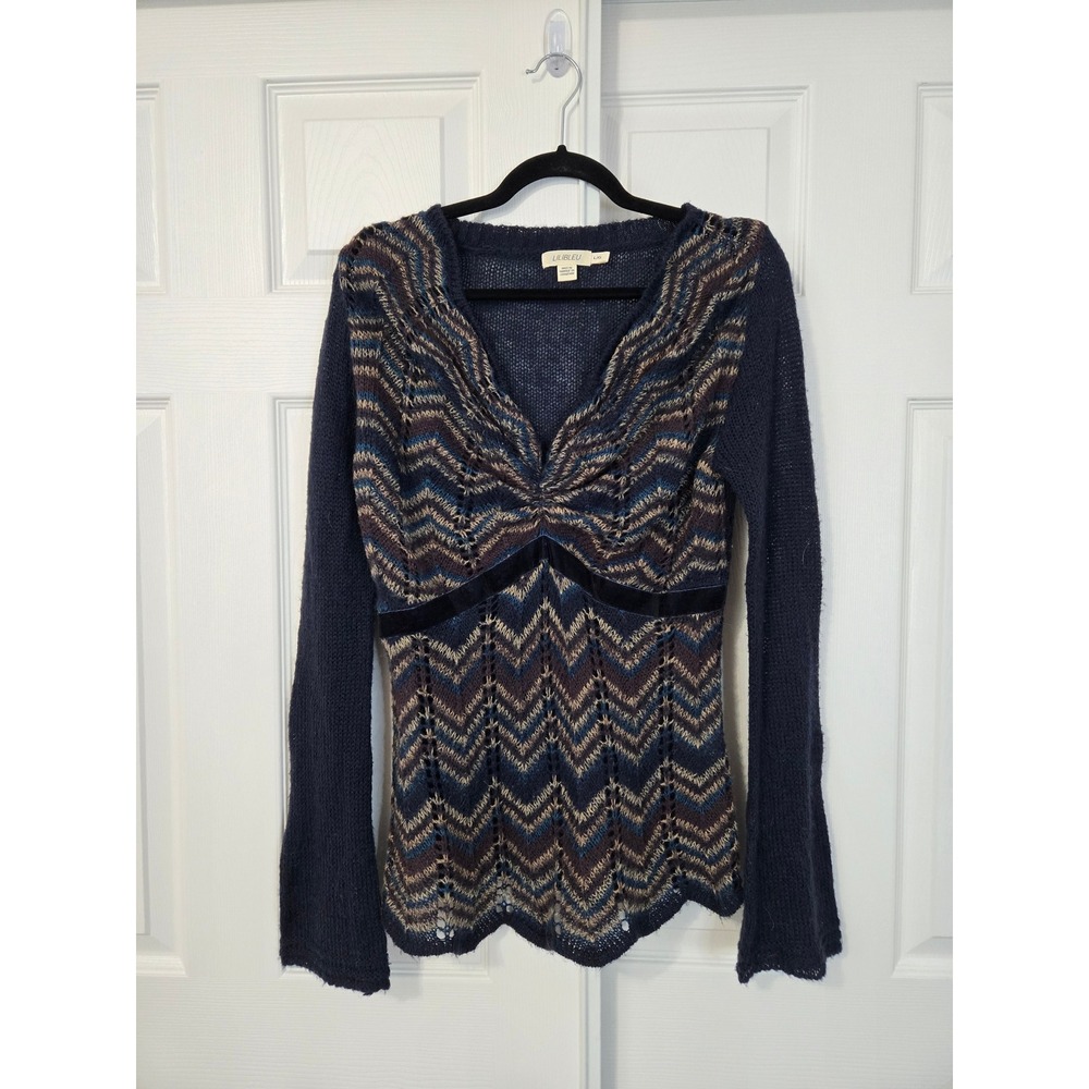 Lilibleu y2k Twee Navy Chevron Knit V-Neck Empire Waist Velvet Trim Sweater L